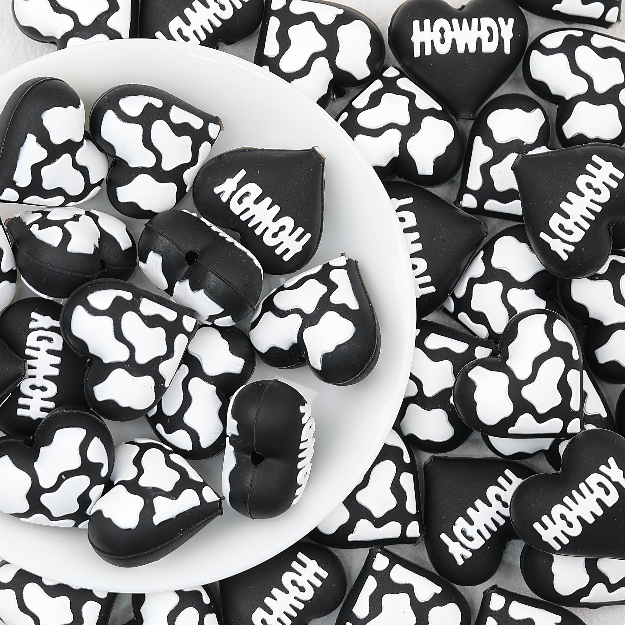 3D Western Cowboy Heart Silicone Focal Beads Cow Print 20pcs