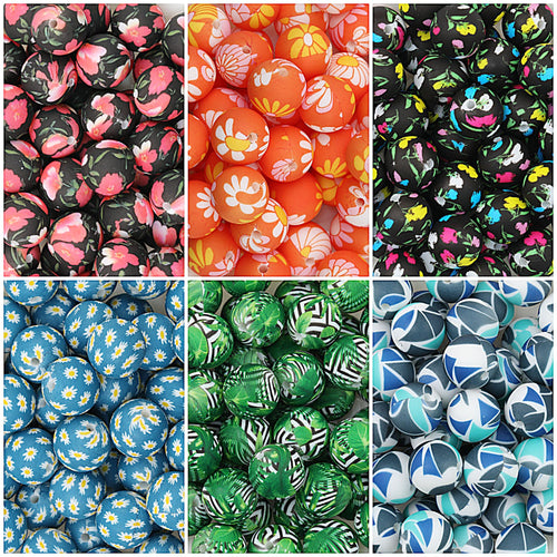 15mm Deep Color Pattern Printed Silicone Round Beads 50pcs