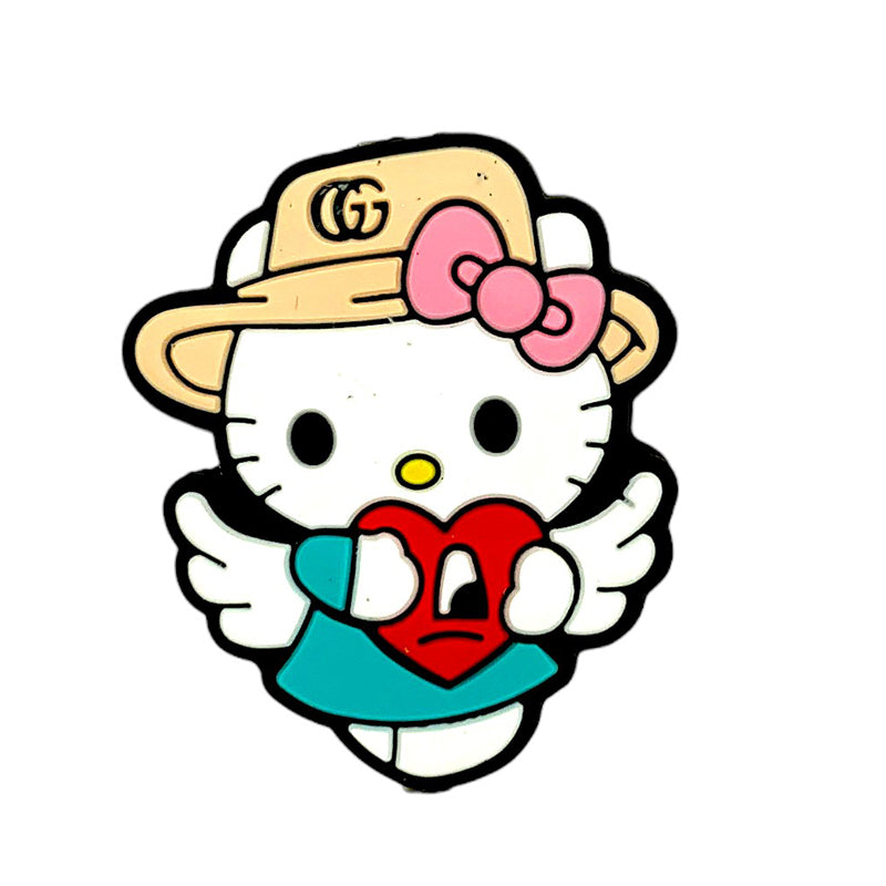Silicone Focal Beads GG Kitty Wearing Straw Hat Pink Bow 20pcs