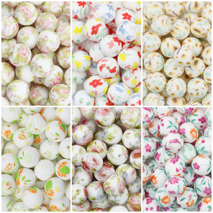 Floral Pattern 15mm Silicone Beads Light Color Printed Design 50pcs