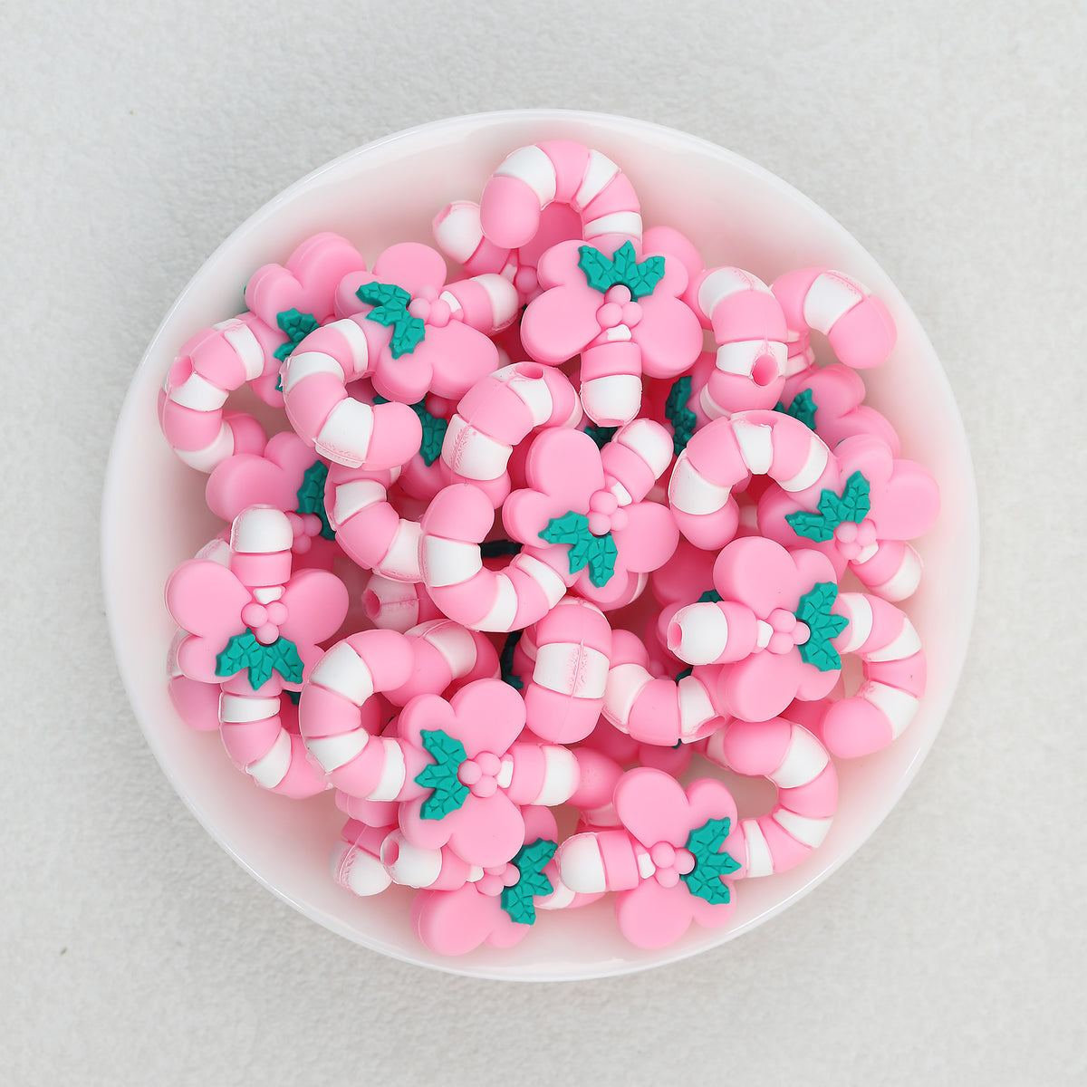 3D Pink Candy Cane Silicone Focal Beads Wholesale, Christmas Holly Design