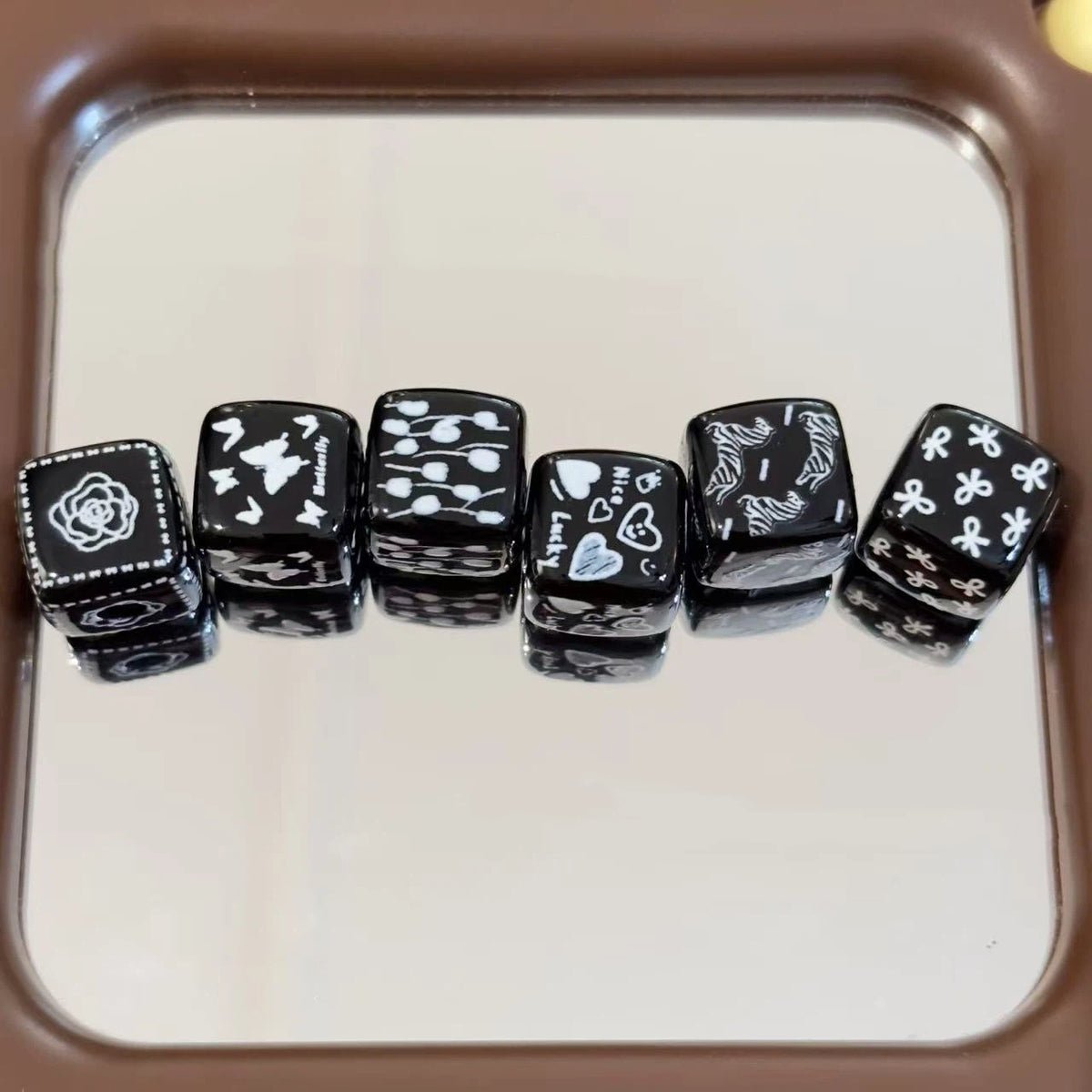 Black Doodle Square Acrylic Beads 14mm Unique Design 10pcs