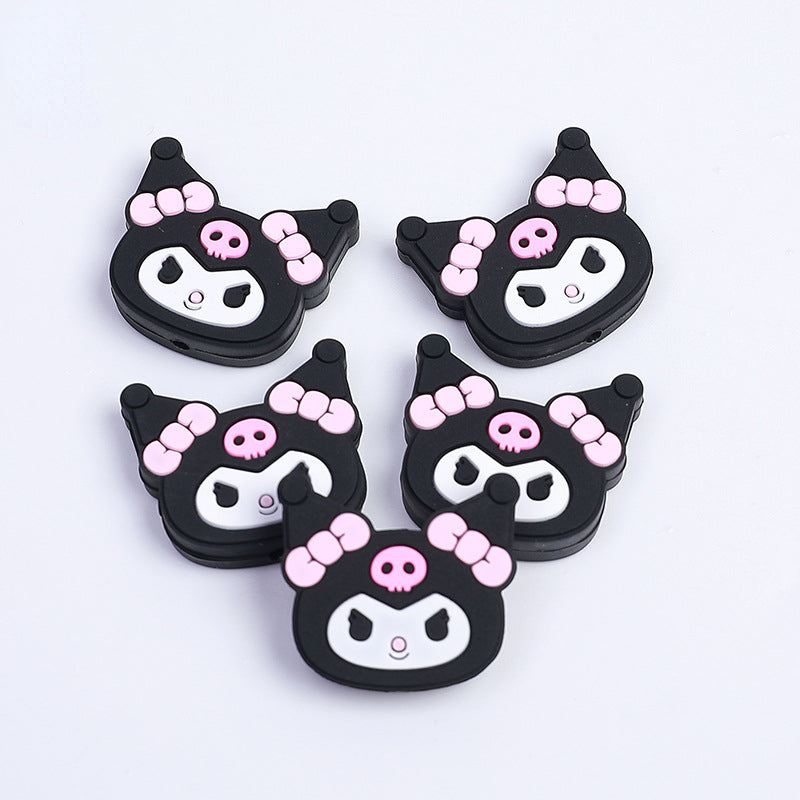 Silicone Focal Beads Kulomi Kitty Black Kitty Face with Pink Skull Bow 10pcs 2
