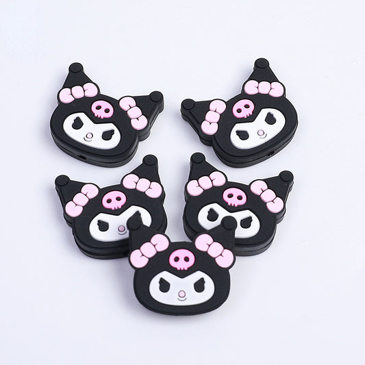 Silicone Focal Beads Kulomi Kitty Black Kitty Face with Pink Skull Bow 10pcs 2