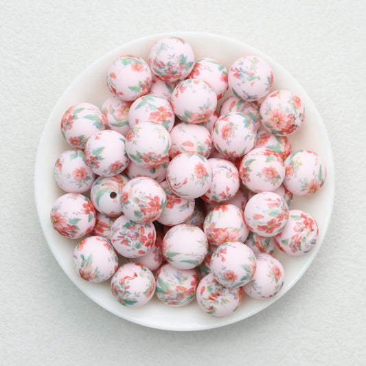 Colorful Floral Pattern 15mm Round Silicone Beads 50pcs 2