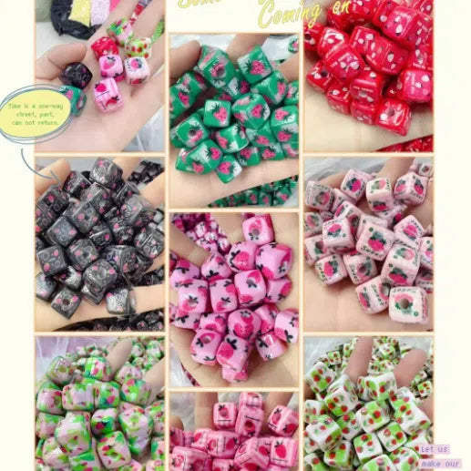 Pink Strawberry Printed Acrylic Square Beads 14mm 50pcs 10
