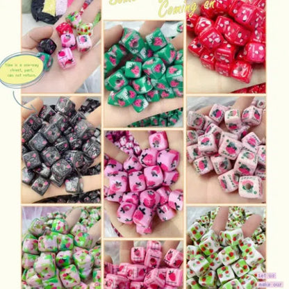 Pink Strawberry Printed Acrylic Square Beads 14mm 50pcs 10