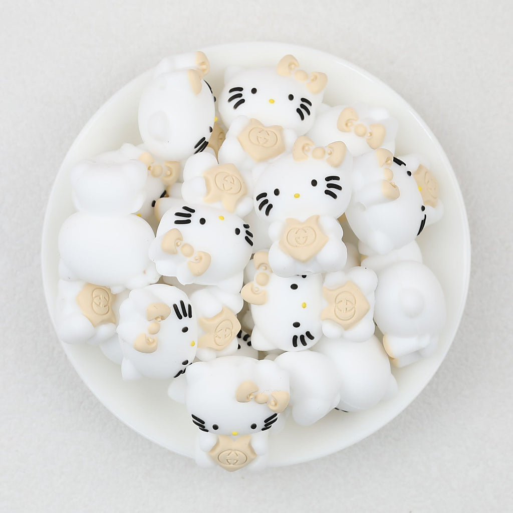 3D Cute Beige Bow White Cat Silicone Focal Beads 20pcs