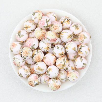 Colorful Floral Pattern 15mm Round Silicone Beads 50pcs 10