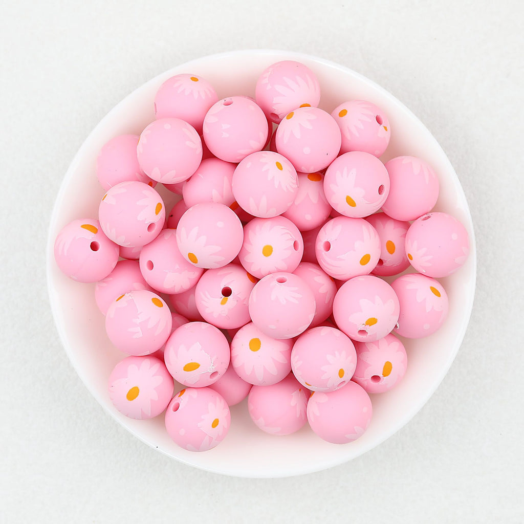 15mm Pink and Green Daisy Printed Silicone Beads 50pcs - Pink Daisy