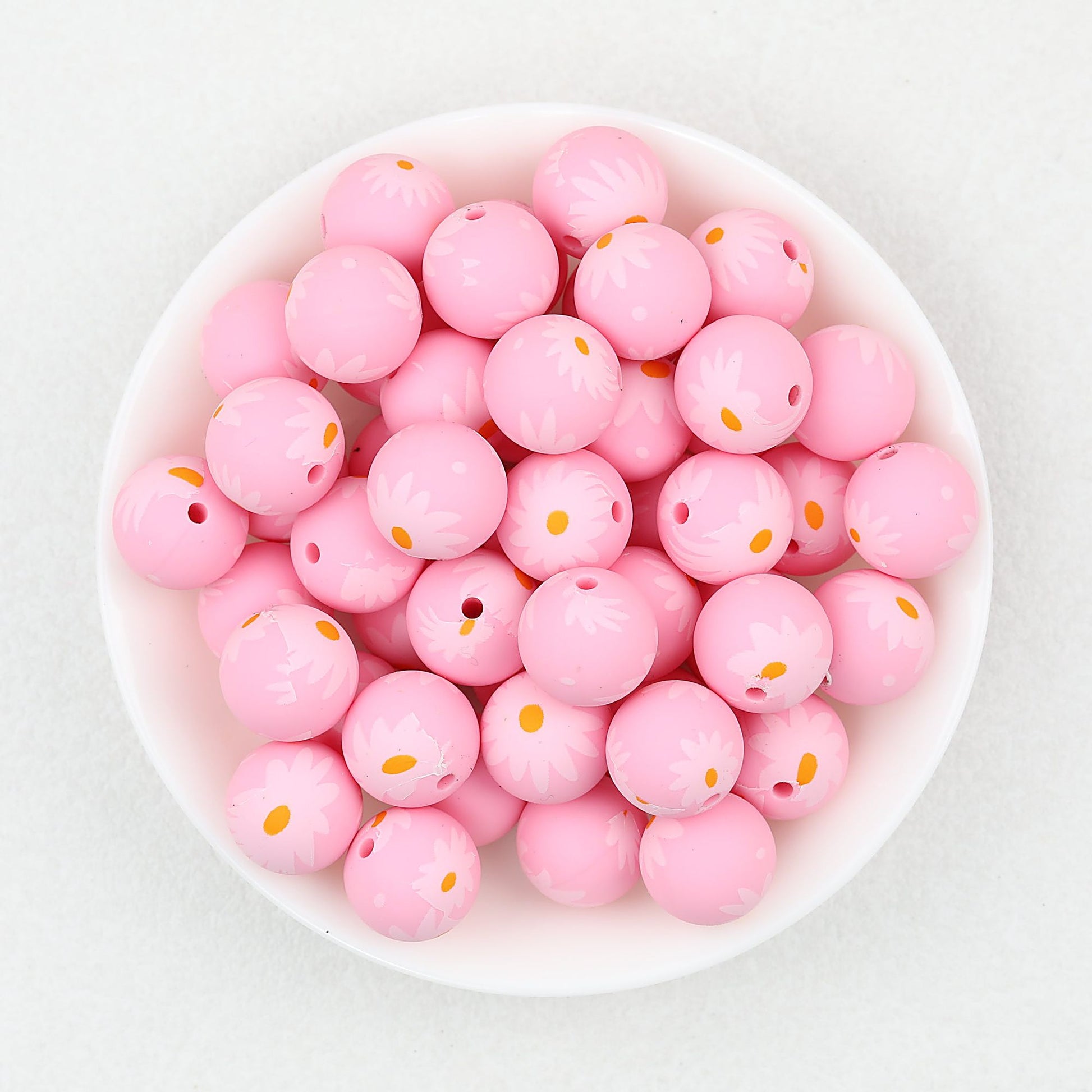 15mm Pink and Green Daisy Printed Silicone Beads 50pcs - Pink Daisy
