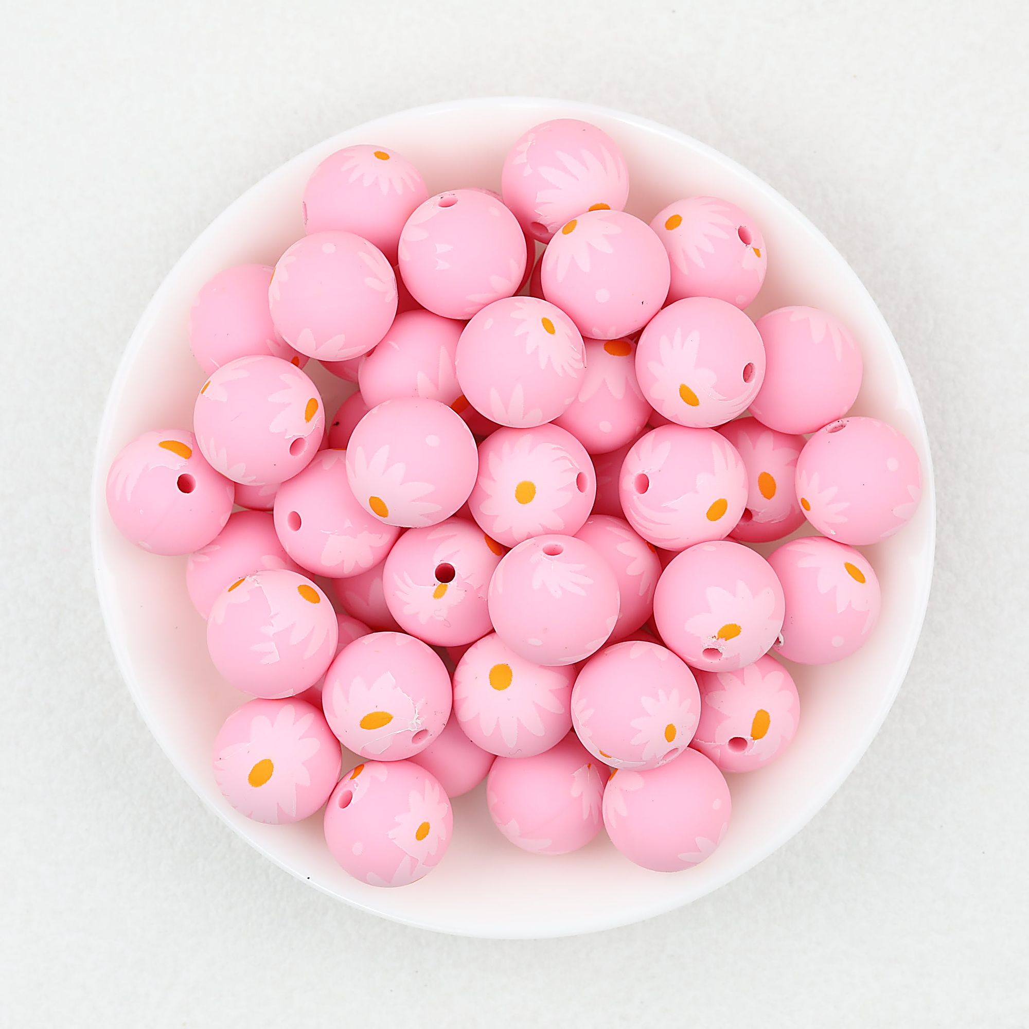 15mm Pink and Green Daisy Printed Silicone Beads 50pcs - Pink Daisy