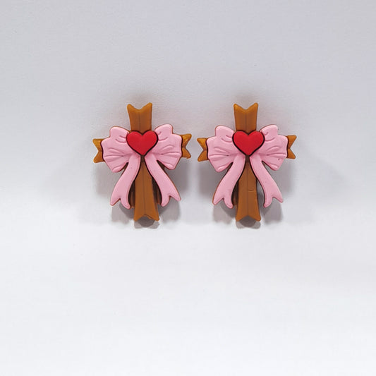 Silicone 3D Focal Beads Love Cross Holding Pink Bow 20pcs