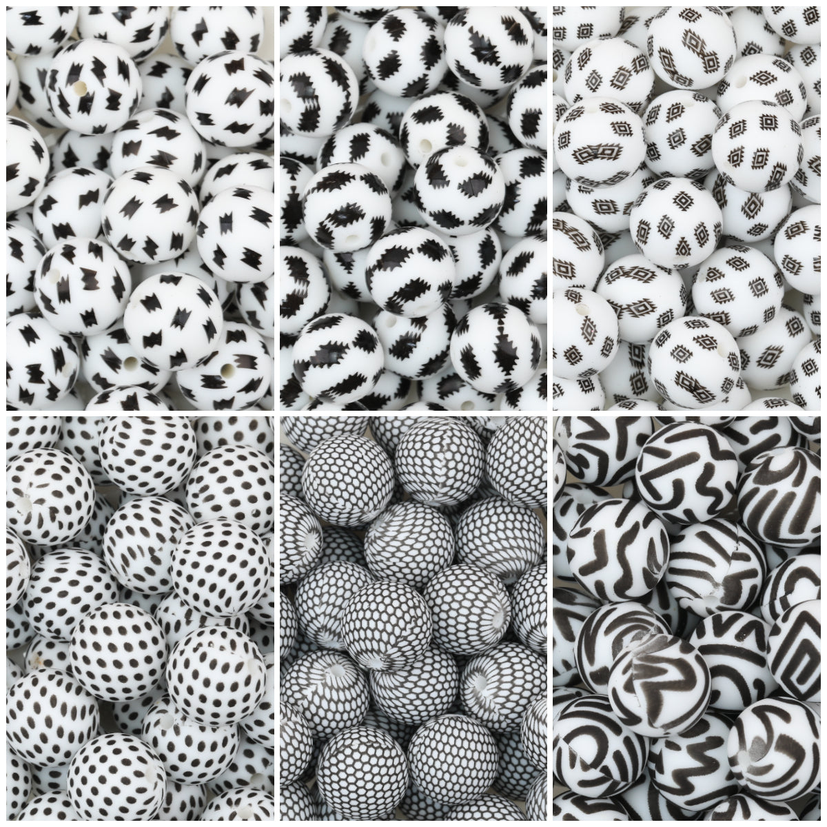 15mm Black and White Printed Round Silicone Beads 50pcs