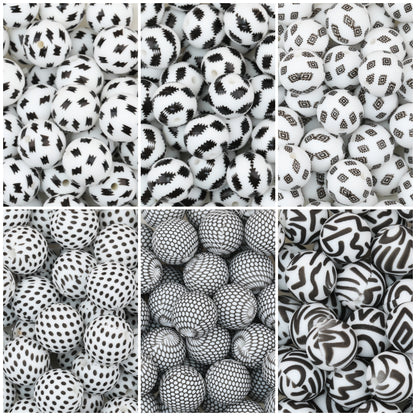 15mm Black and White Printed Round Silicone Beads 50pcs