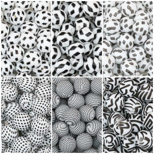 15mm Black and White Printed Round Silicone Beads 50pcs