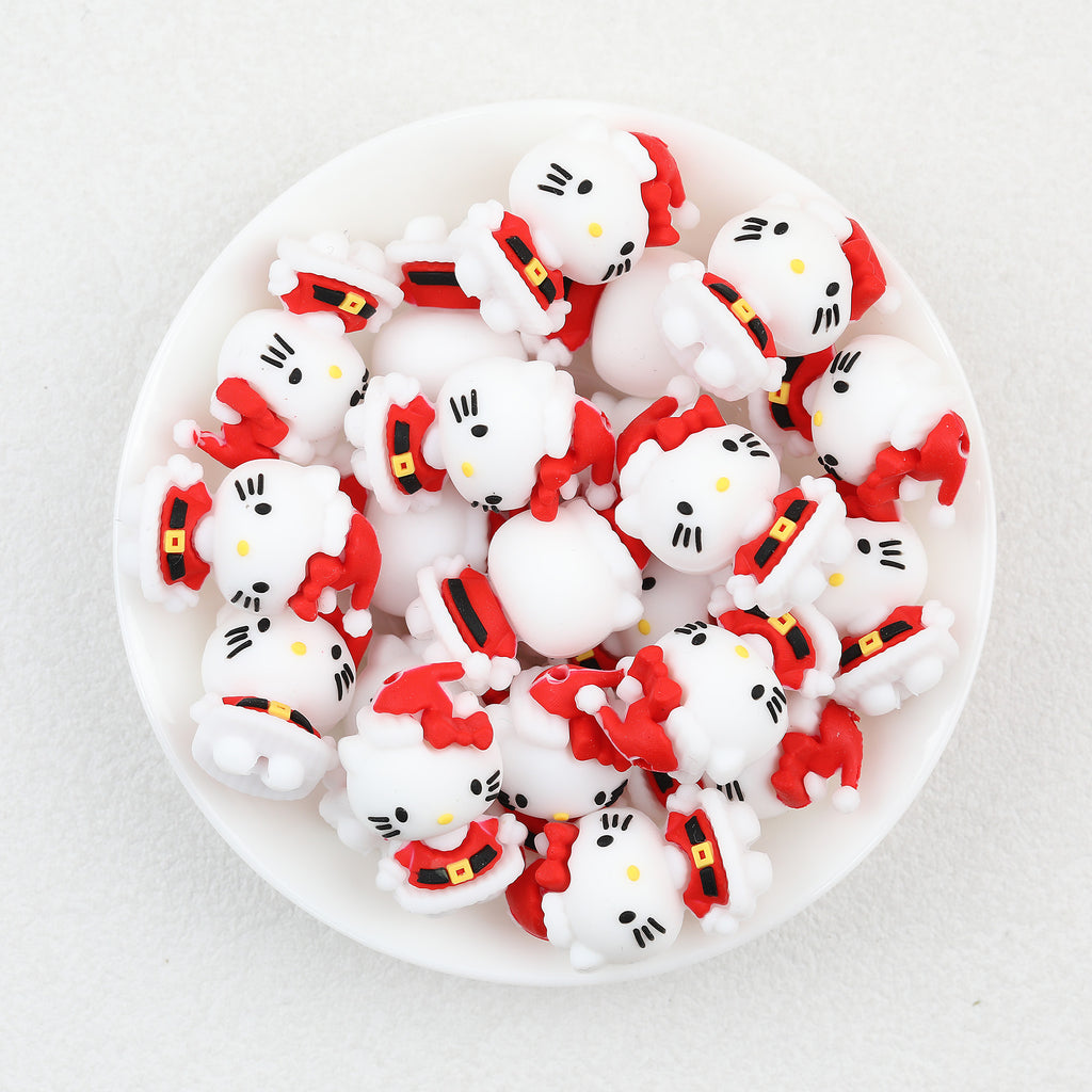 3D Christmas Kitty Silicone Focal Beads Wholesale, Santa Suit Red White Design