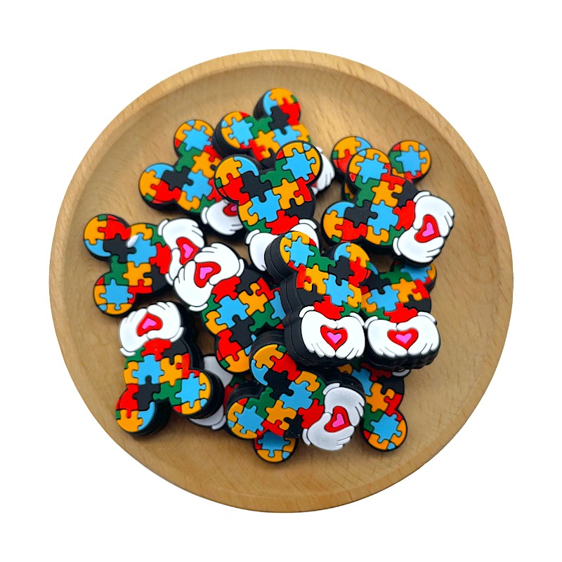 Silicone Focal Beads Puzzle Mickey Mouse Heart Holding Red Heart 20pcs 2
