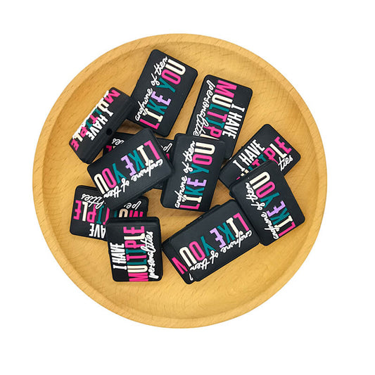 Silicone Focal Beads Typography Multicolored Lettering on Black Rectangle 2