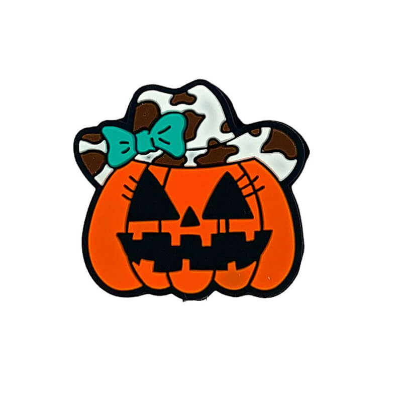Silicone Focal Beads Western Cow Girl Pumpkin Wearing Turquoise Bow