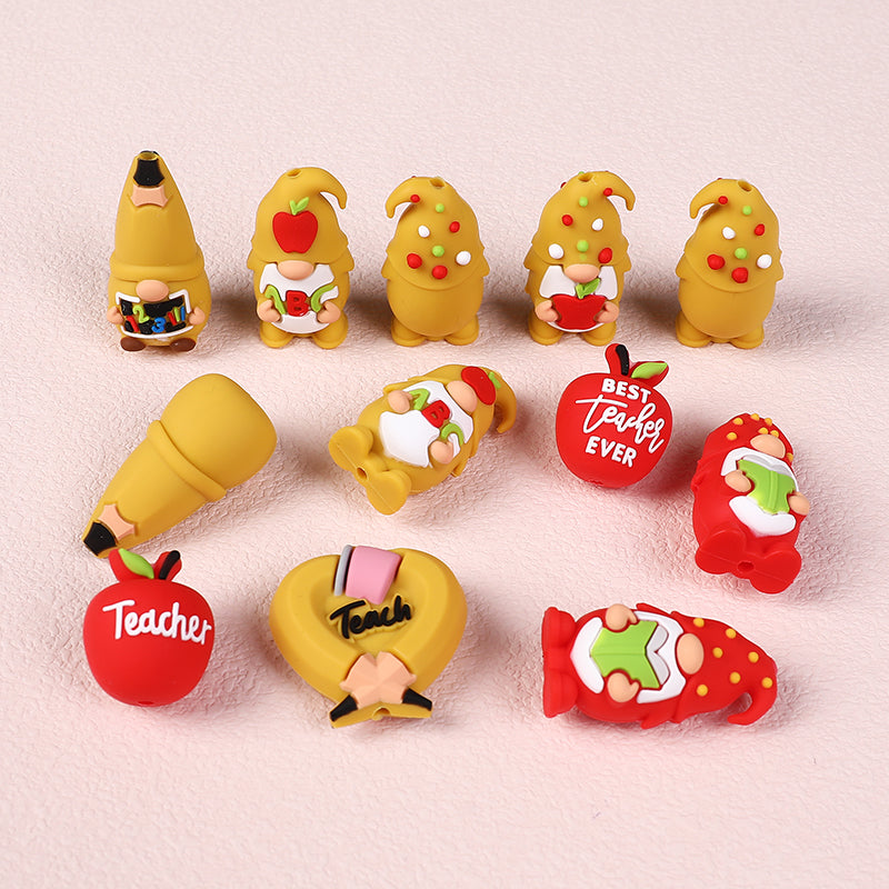 Silicone 3D Focal Beads Teacher Apple With Pencil and Gnome 20pcs