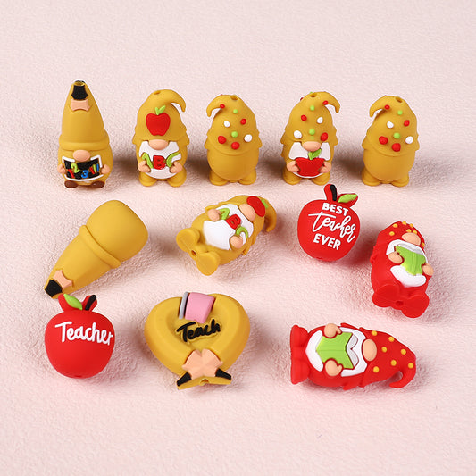Silicone 3D Focal Beads Teacher Apple With Pencil and Gnome 20pcs