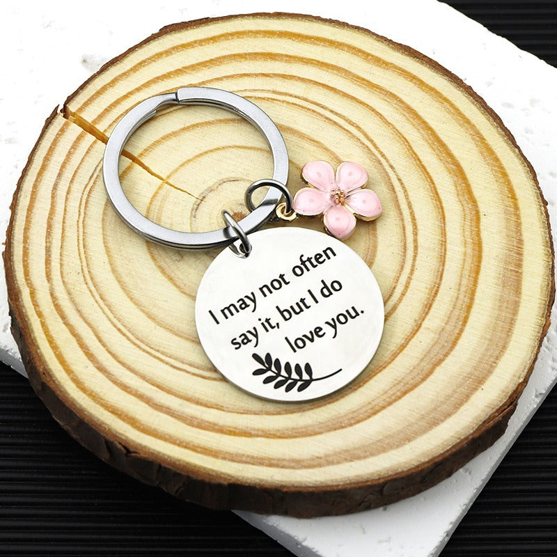 Stainless Steel Mother's Day Keychain Engraved Message Pink Enamel Flower 4