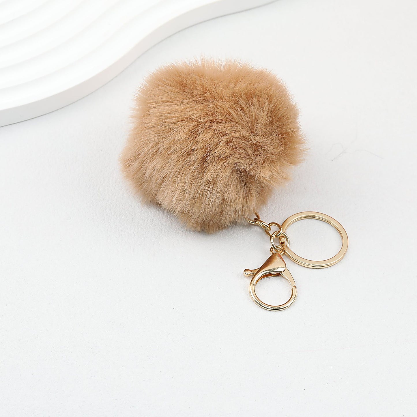Pom Pom Keychain Fluffy Imitation Rex Rabbit Fur Ball 8cm With Lobster Clasp - 47# light camel