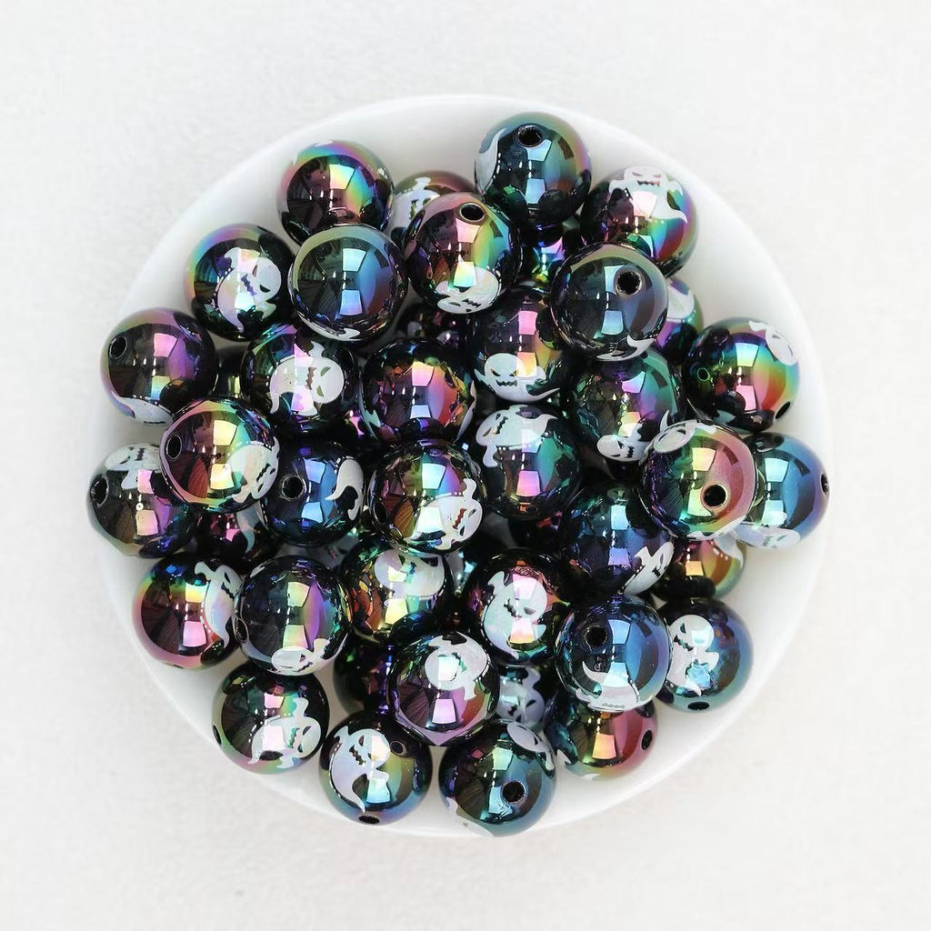 Black Ghost Acrylic Beads Wholesale, Iridescent Halloween Round Design, 16mm