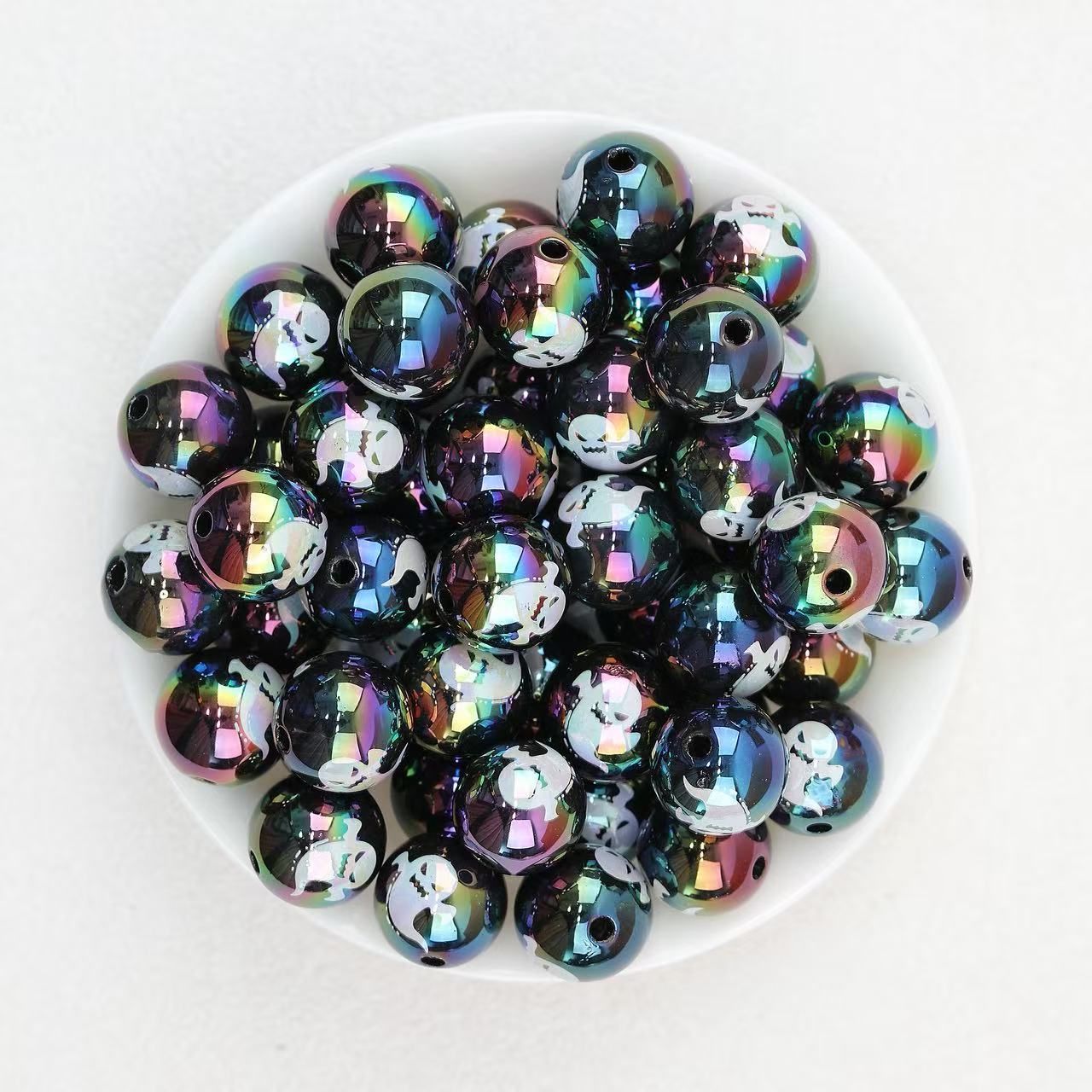 Black Ghost Acrylic Beads Wholesale, Iridescent Halloween Round Design, 16mm