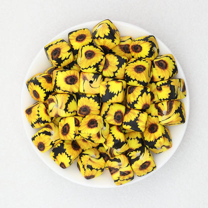 Floral Pattern 13.5mm Square Silicone Beads Printed Design 50pcs - Style 8