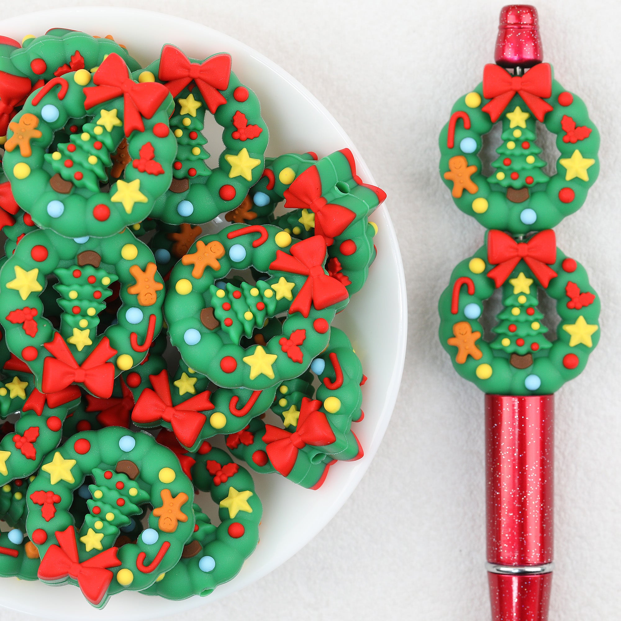 3D Wreath Silicone Focal Beads Wholesale, Christmas Red Bow Accents Tree Motif