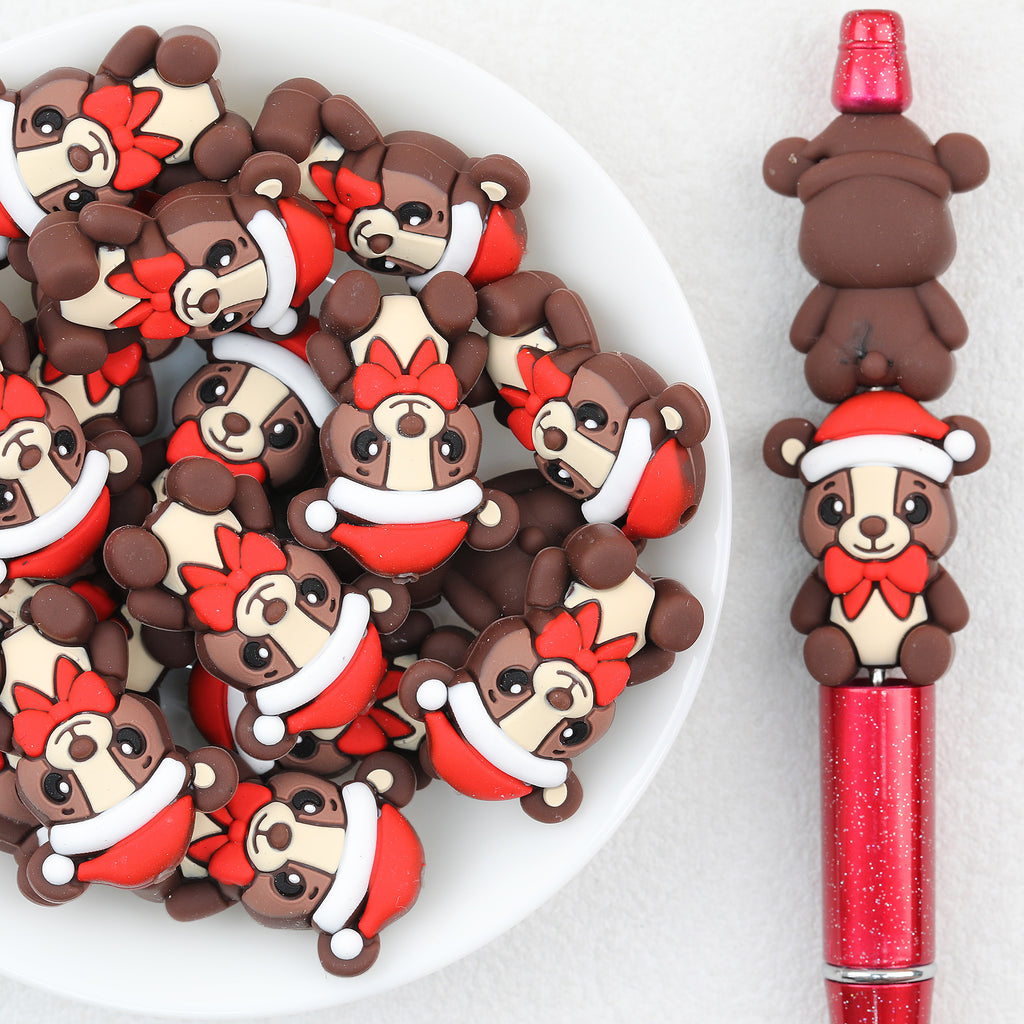 3D Christmas Bear Silicone Focal Beads Wholesale, Teddy Red Bow Tie Design