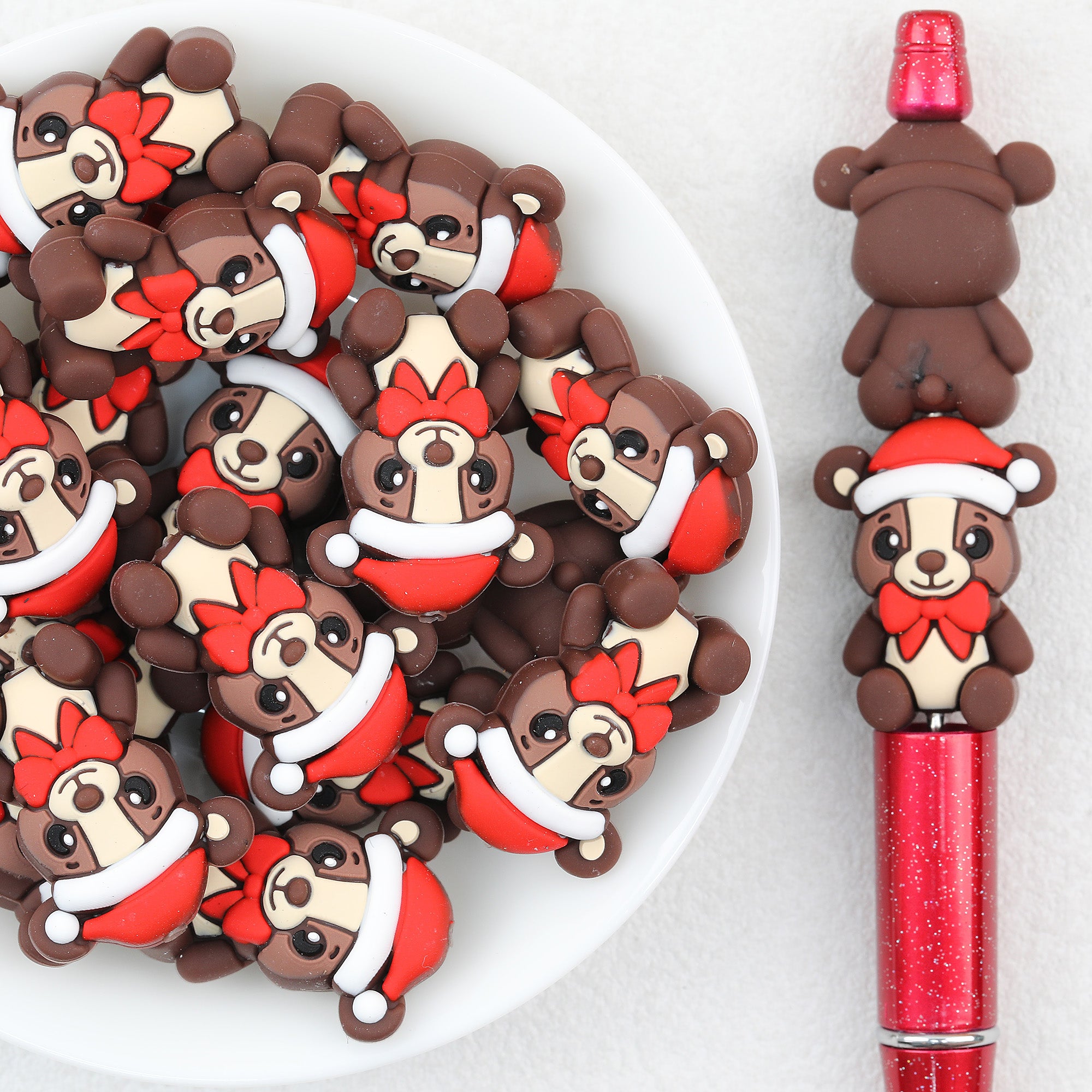 3D Christmas Bear Silicone Focal Beads Wholesale, Teddy Red Bow Tie Design