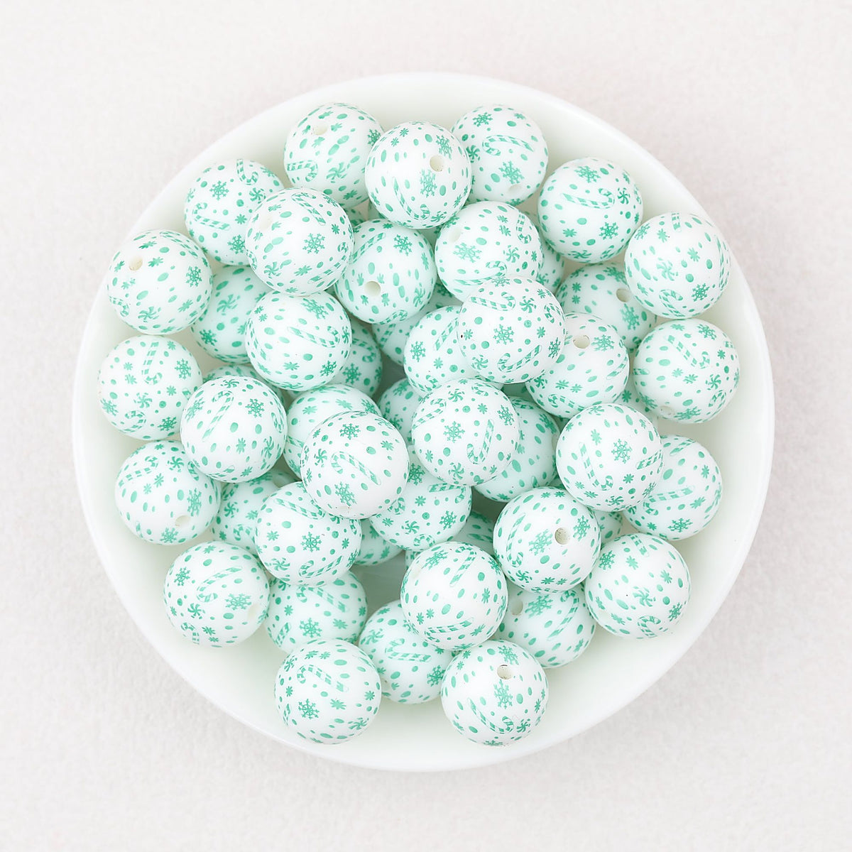 15mm Printed Leaf Pattern Silicone Round Beads 50pcs - Green Cane