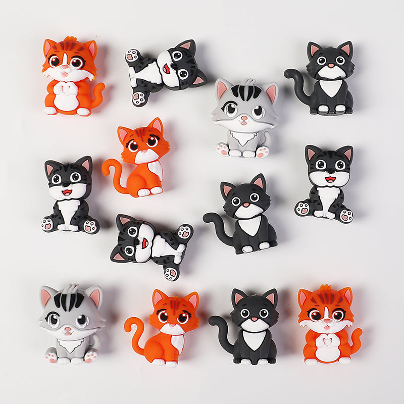 Silicone 3D Focal Beads Dark Cat Smiling Face Sitting Pose 20pcs 3