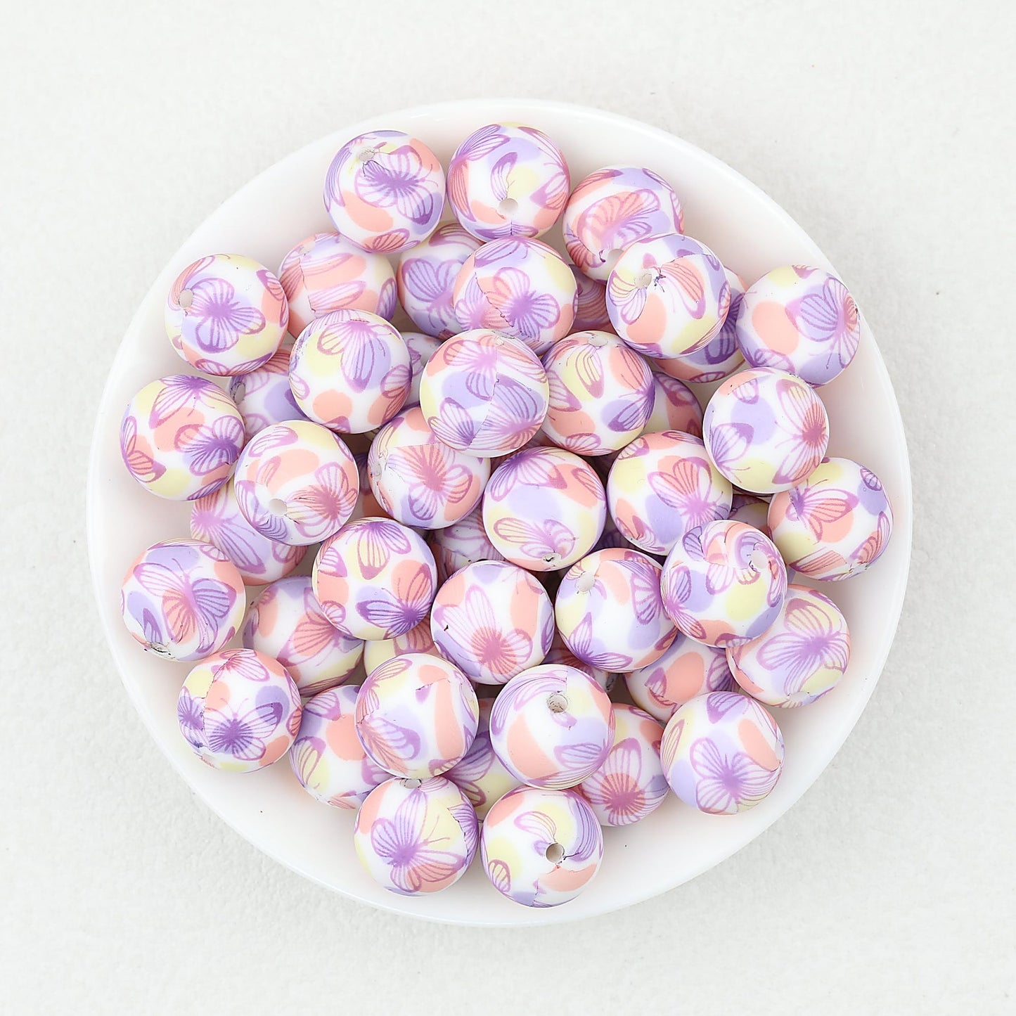 15mm Floral Pattern Silicone Beads Pastel Print 50pcs - Butterfly