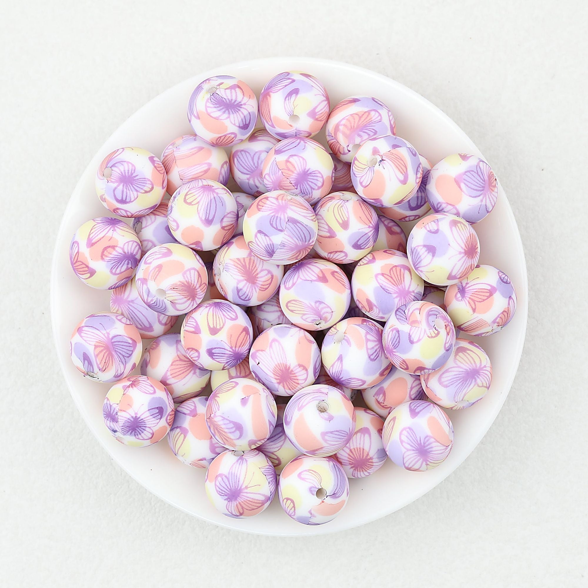15mm Floral Pattern Silicone Beads Pastel Print 50pcs - Butterfly