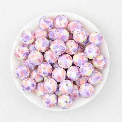 15mm Floral Pattern Silicone Beads Pastel Print 50pcs - Butterfly