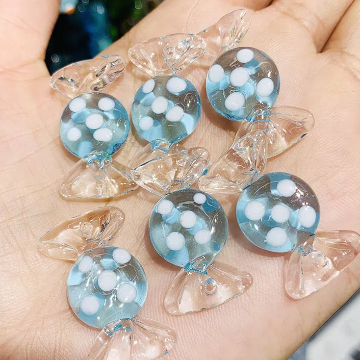 Lampwork Glass Beads Candy Shape 15x28mm Transparent Polka Dotted Stripe 4pcs 6