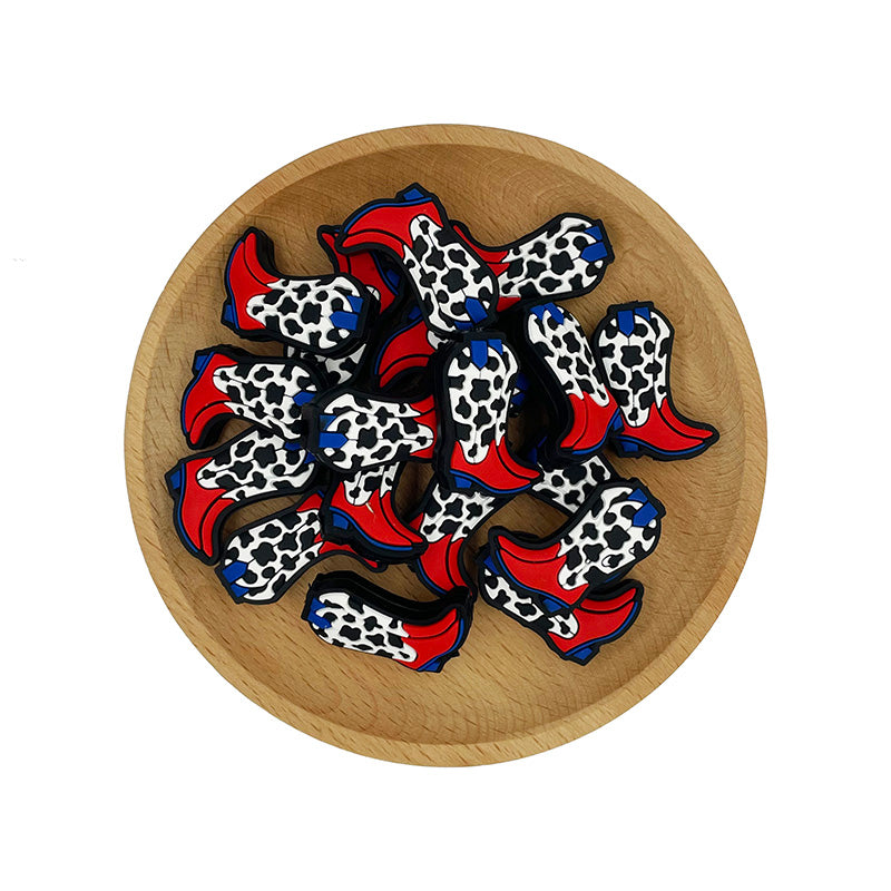 Silicone Focal Beads Boots Red Blue Cow Print Design 20pcs 2