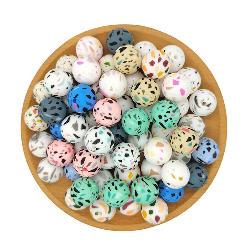 15mm Silicone Beads Terrazzo Print Multi Color 50pcs