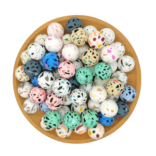 15mm Silicone Beads Terrazzo Print Multi Color 50pcs