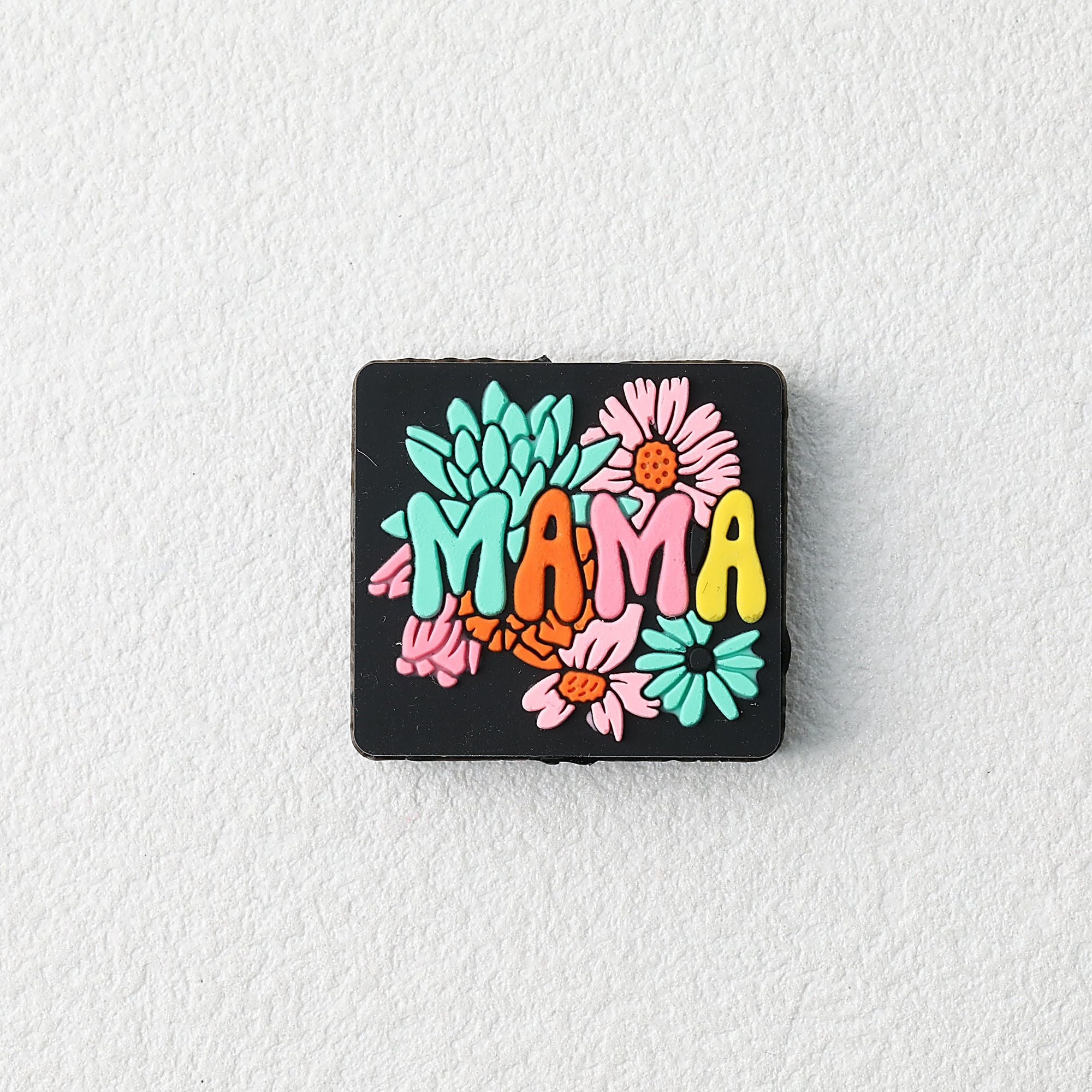 Silicone Focal Beads Flower MAMA Square Colorful Text 20pcs