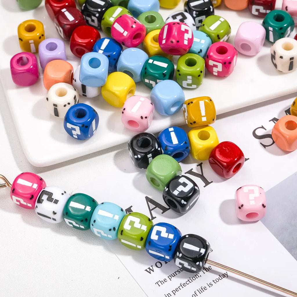 Painted Square Acrylic Beads 11mm Large Hole Question Mark 50pcs