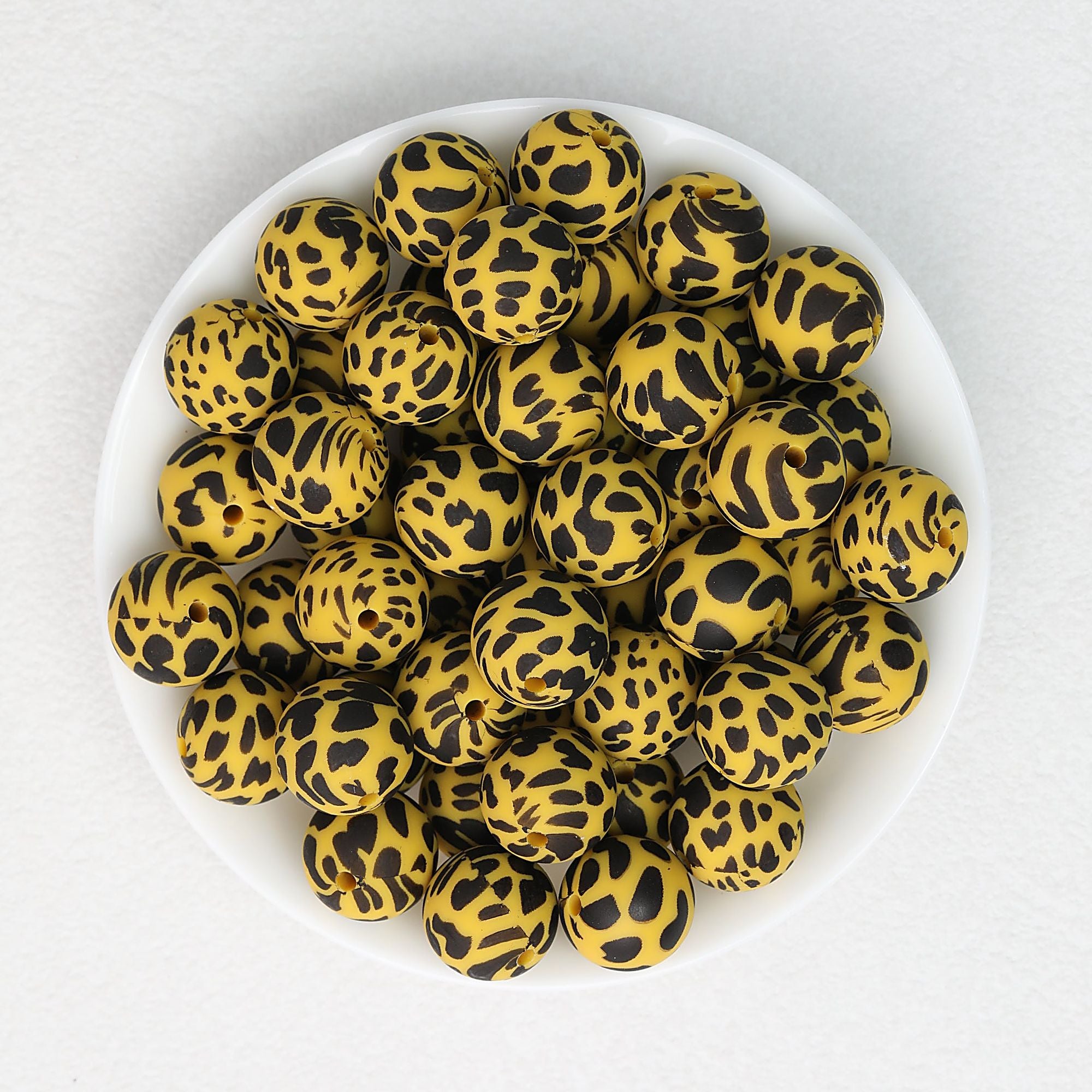 15mm Leopard Pattern Silicone Round Beads 50pcs - Yellow Base Leopard