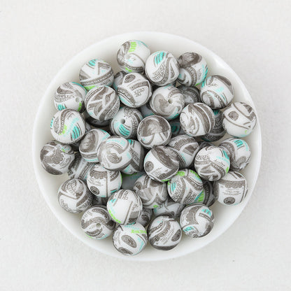 15mm Black and White Patterned Print Round Silicone Beads 50pcs - Dollar