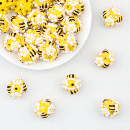 Bee and Flower 20mm Resin Bubblegum Beads Yellow White 10pcs