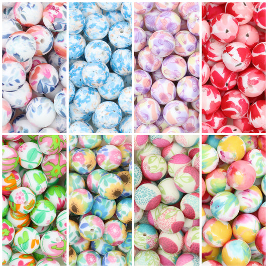 15mm Floral Pattern Silicone Beads Pastel Print 50pcs