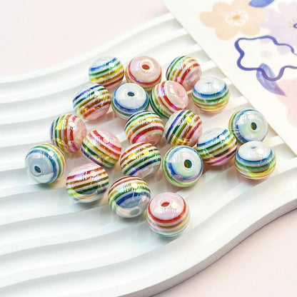 Striped Rainbow Acrylic Beads 16mm Glossy Round 10pcs 9